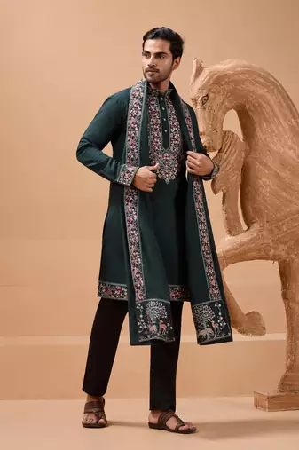 Green viscose silk thread & sequins embroidered work function festival marriage party wear straight kurta dupatta