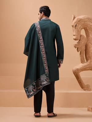 GREEN VISCOSE SILK THREAD & SEQUINS EMBROIDERED WORK FUNCTION FESTIVAL MARRIAGE PARTY WEAR STRAIGHT KURTA PANT DUPATTA 6