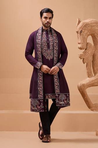 Purple viscose silk thread & sequins embroidered work function festival marriage party wear straight kurta dupatta