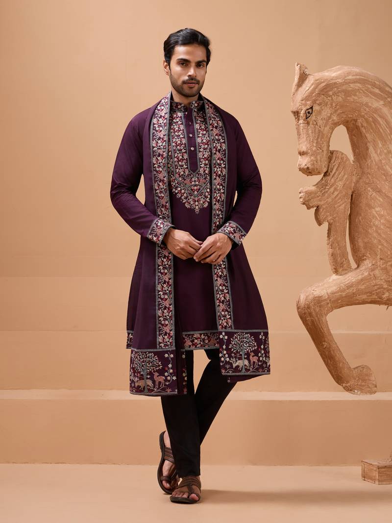 Purple viscose silk thread & sequins embroidered work function festival marriage party wear straight kurta dupatta