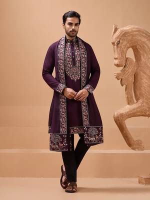 PURPLE VISCOSE SILK THREAD & SEQUINS EMBROIDERED WORK FUNCTION FESTIVAL MARRIAGE PARTY WEAR STRAIGHT KURTA PANT DUPATTA 1