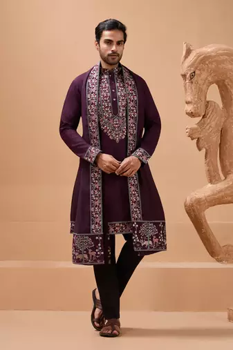 Purple viscose silk thread & sequins embroidered work function festival marriage party wear straight kurta dupatta