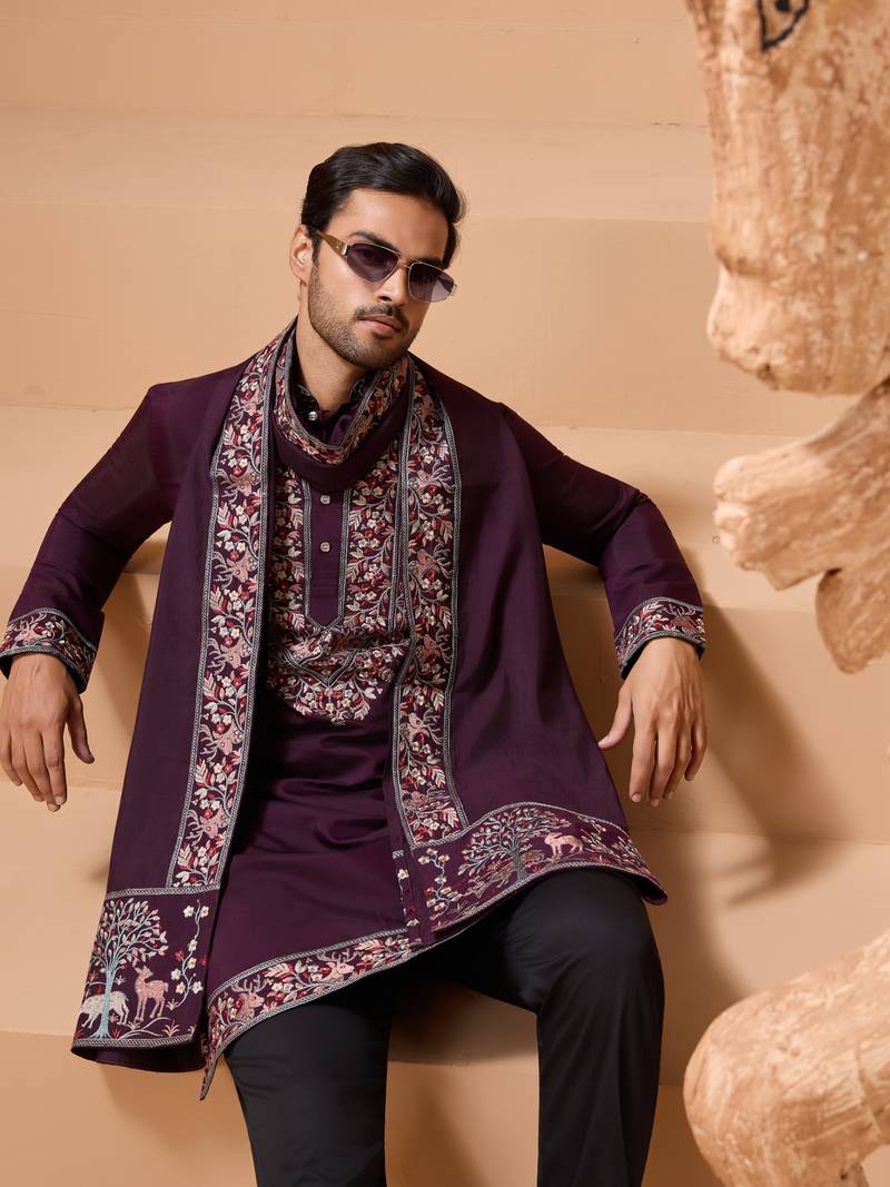 Purple viscose silk thread & sequins embroidered work function festival marriage party wear straight kurta dupatta