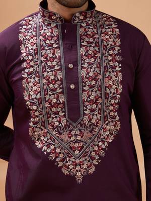 PURPLE VISCOSE SILK THREAD & SEQUINS EMBROIDERED WORK FUNCTION FESTIVAL MARRIAGE PARTY WEAR STRAIGHT KURTA PANT DUPATTA 4