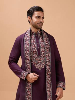 PURPLE VISCOSE SILK THREAD & SEQUINS EMBROIDERED WORK FUNCTION FESTIVAL MARRIAGE PARTY WEAR STRAIGHT KURTA PANT DUPATTA 5