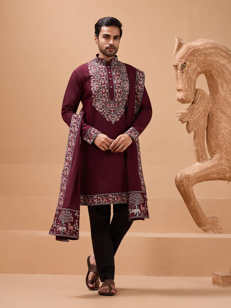 Maroon viscose silk thread & sequins embroidered work function festival marriage party wear straight kurta dupatta