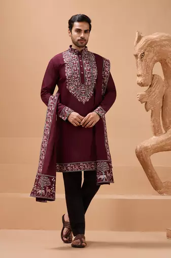 Maroon viscose silk thread & sequins embroidered work function festival marriage party wear straight kurta dupatta