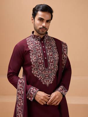 MAROON VISCOSE SILK THREAD & SEQUINS EMBROIDERED WORK FUNCTION FESTIVAL MARRIAGE PARTY WEAR STRAIGHT KURTA PANT DUPATTA 3