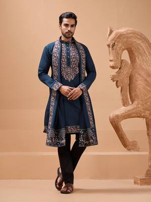 TEAL BLUE VISCOSE SILK THREAD & SEQUINS EMBROIDERED WORK FESTIVAL MARRIAGE PARTY WEAR STRAIGHT KURTA PANT DUPATTA 1