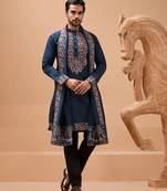 Teal blue viscose silk thread & sequins embroidered work festival marriage party wear straight kurta dupatta