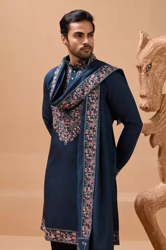 TEAL BLUE VISCOSE SILK THREAD & SEQUINS EMBROIDERED WORK FESTIVAL MARRIAGE PARTY WEAR STRAIGHT KURTA PANT DUPATTA
