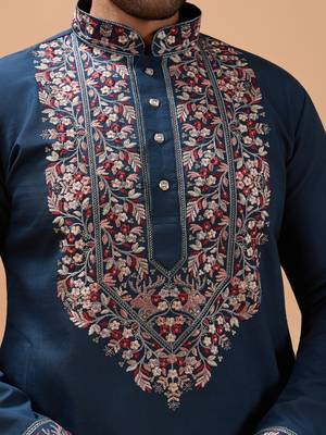 TEAL BLUE VISCOSE SILK THREAD & SEQUINS EMBROIDERED WORK FESTIVAL MARRIAGE PARTY WEAR STRAIGHT KURTA PANT DUPATTA 4