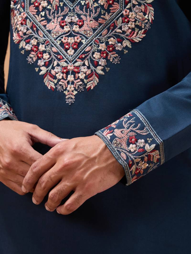 Teal blue viscose silk thread & sequins embroidered work festival marriage party wear straight kurta dupatta