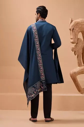 TEAL BLUE VISCOSE SILK THREAD & SEQUINS EMBROIDERED WORK FESTIVAL MARRIAGE PARTY WEAR STRAIGHT KURTA PANT DUPATTA