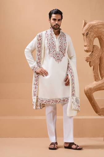 White viscose silk thread & sequins embroidered work function festival marriage party wear straight kurta dupatta