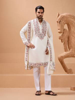 WHITE VISCOSE SILK THREAD & SEQUINS EMBROIDERED WORK FUNCTION FESTIVAL MARRIAGE PARTY WEAR STRAIGHT KURTA PANT DUPATTA 1