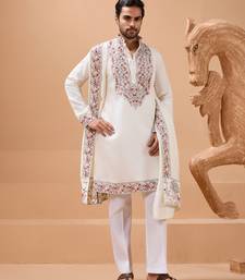 WHITE VISCOSE SILK THREAD & SEQUINS EMBROIDERED WORK FUNCTION FESTIVAL MARRIAGE PARTY WEAR STRAIGHT KURTA PANT DUPATTA
