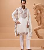 White viscose silk thread & sequins embroidered work function festival marriage party wear straight kurta dupatta