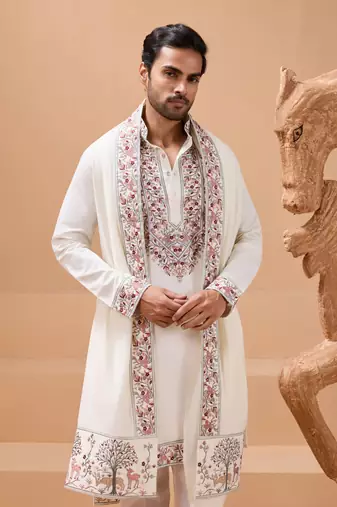 WHITE VISCOSE SILK THREAD & SEQUINS EMBROIDERED WORK FUNCTION FESTIVAL MARRIAGE PARTY WEAR STRAIGHT KURTA PANT DUPATTA