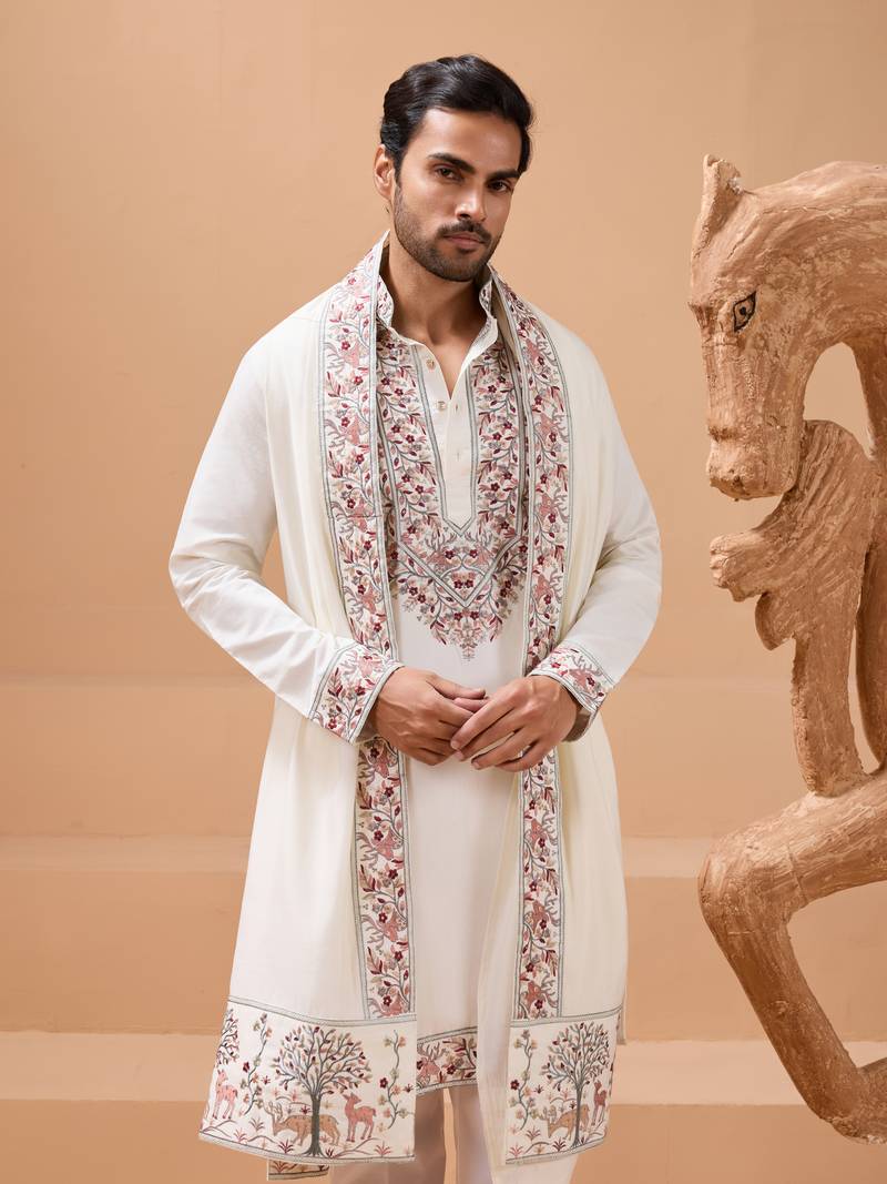White viscose silk thread & sequins embroidered work function festival marriage party wear straight kurta dupatta