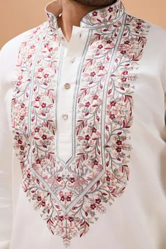 WHITE VISCOSE SILK THREAD & SEQUINS EMBROIDERED WORK FUNCTION FESTIVAL MARRIAGE PARTY WEAR STRAIGHT KURTA PANT DUPATTA