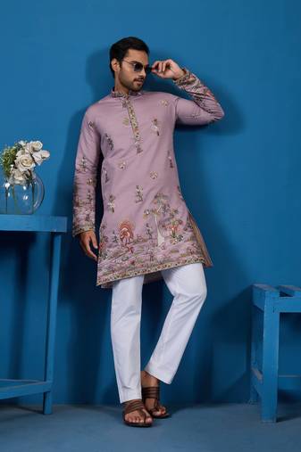 Dusty pink viscose silk thread & sequins embroidered work festival marriage function party wear straight mens kurta
