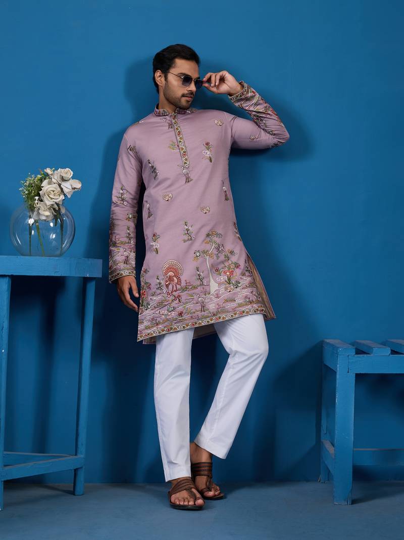 Dusty pink viscose silk thread & sequins embroidered work festival marriage function party wear straight mens kurta