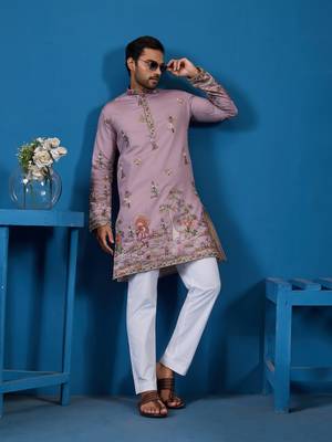 DUSTY PINK VISCOSE SILK THREAD & SEQUINS EMBROIDERED WORK FESTIVAL MARRIAGE FUNCTION PARTY WEAR STRAIGHT MENS KURTA 1