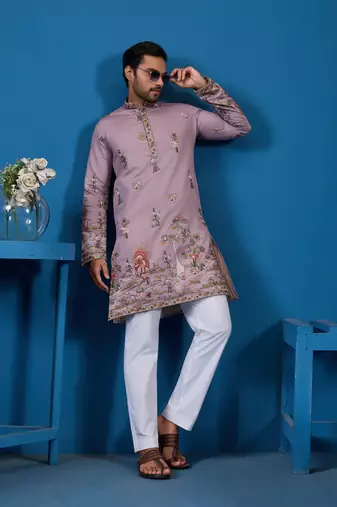 Dusty pink viscose silk thread & sequins embroidered work festival marriage function party wear straight mens kurta