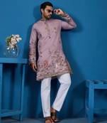 Dusty pink viscose silk thread & sequins embroidered work festival marriage function party wear straight mens kurta
