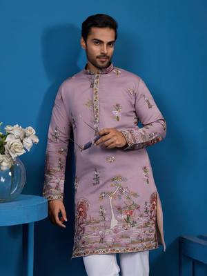 DUSTY PINK VISCOSE SILK THREAD & SEQUINS EMBROIDERED WORK FESTIVAL MARRIAGE FUNCTION PARTY WEAR STRAIGHT MENS KURTA 3