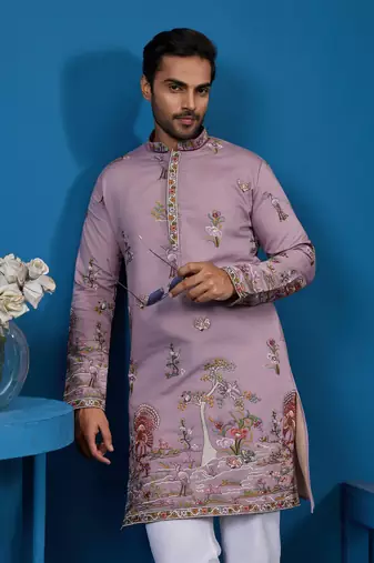 DUSTY PINK VISCOSE SILK THREAD & SEQUINS EMBROIDERED WORK FESTIVAL MARRIAGE FUNCTION PARTY WEAR STRAIGHT MENS KURTA