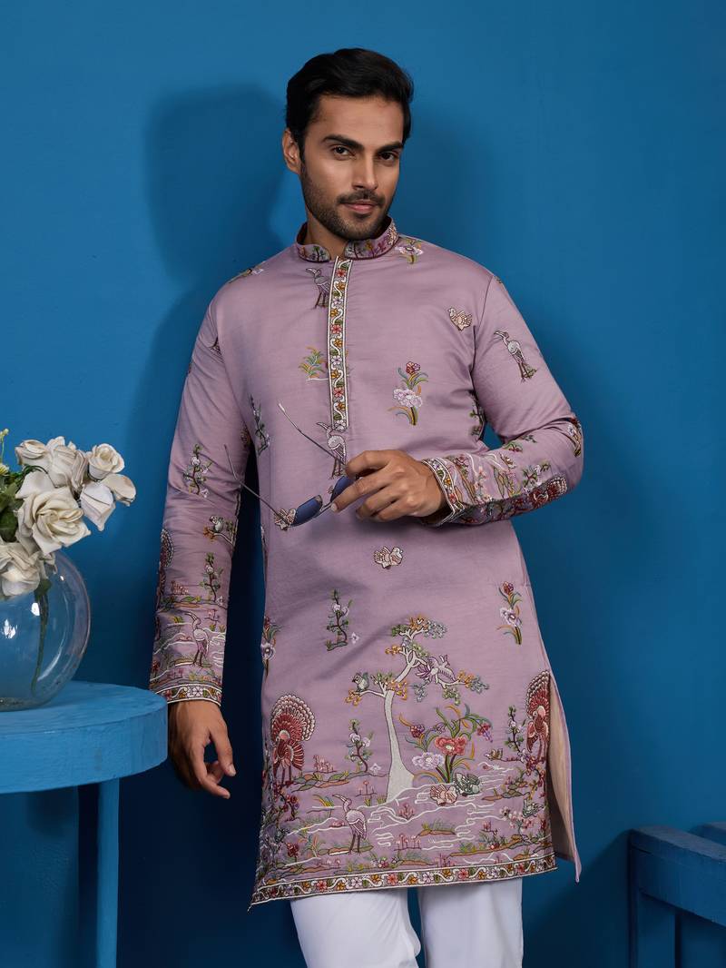 Dusty pink viscose silk thread & sequins embroidered work festival marriage function party wear straight mens kurta