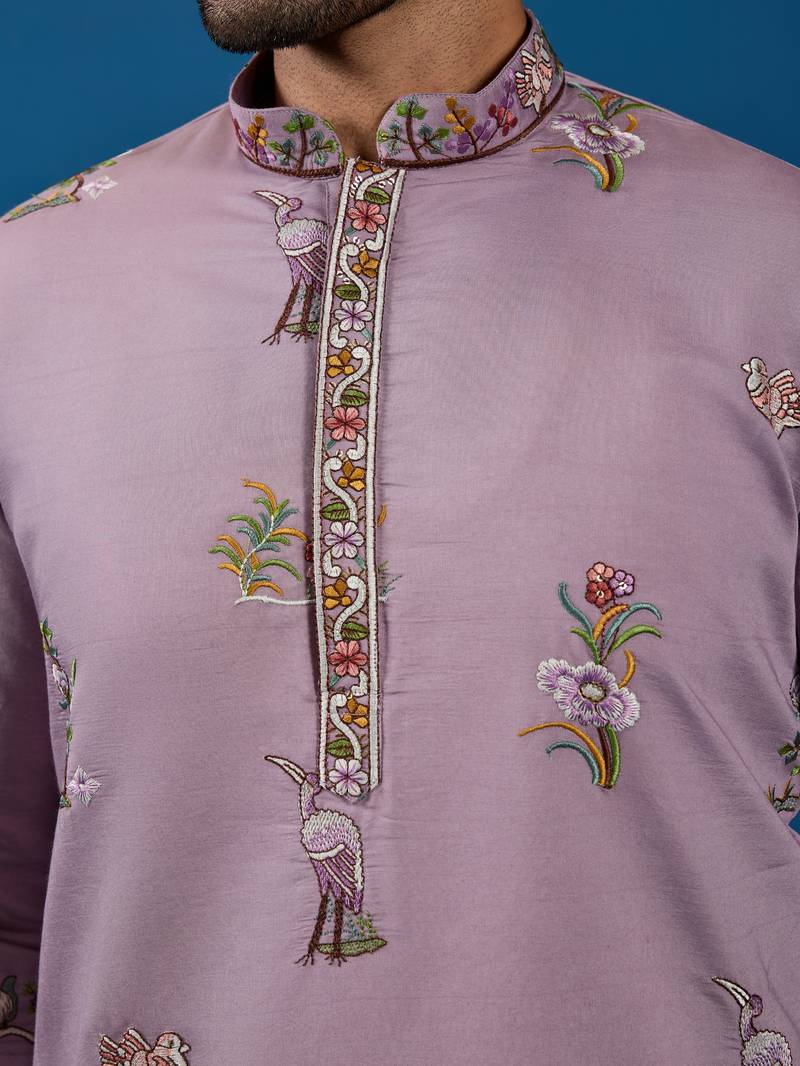 Dusty pink viscose silk thread & sequins embroidered work festival marriage function party wear straight mens kurta