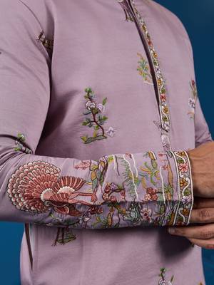 DUSTY PINK VISCOSE SILK THREAD & SEQUINS EMBROIDERED WORK FESTIVAL MARRIAGE FUNCTION PARTY WEAR STRAIGHT MENS KURTA 5