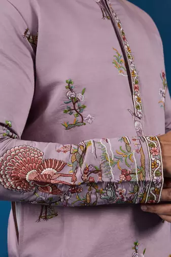 DUSTY PINK VISCOSE SILK THREAD & SEQUINS EMBROIDERED WORK FESTIVAL MARRIAGE FUNCTION PARTY WEAR STRAIGHT MENS KURTA