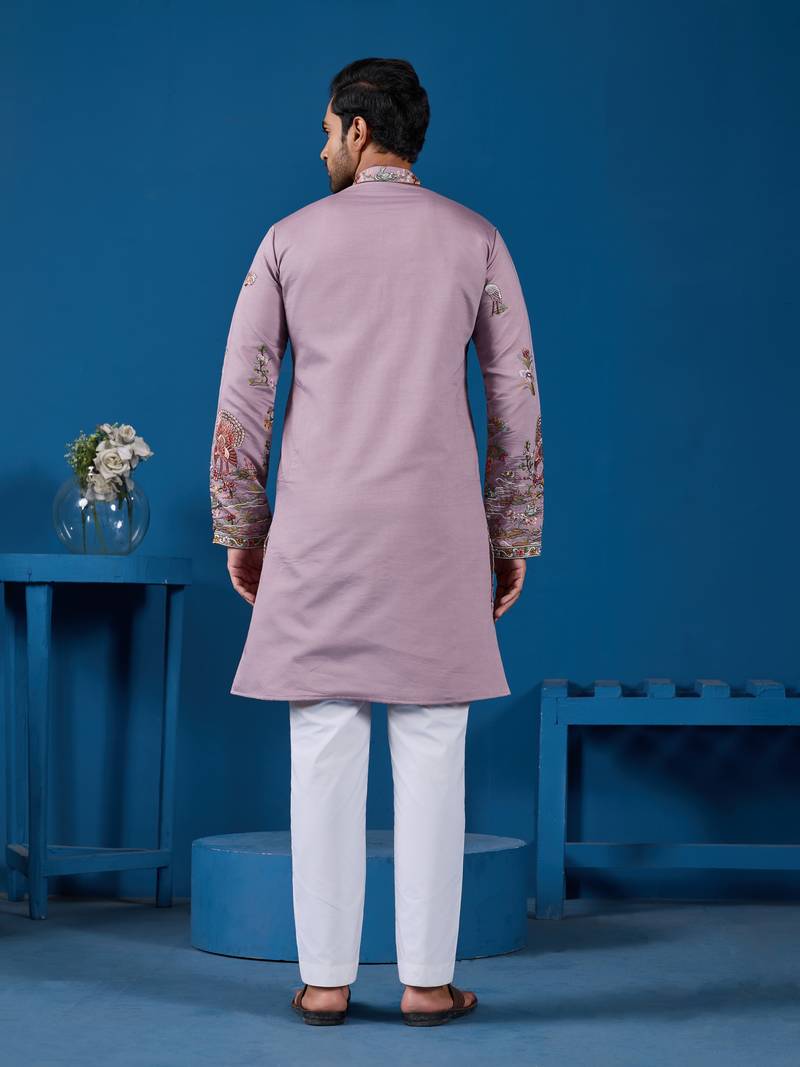 Dusty pink viscose silk thread & sequins embroidered work festival marriage function party wear straight mens kurta