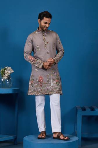 Grey viscose silk thread & sequins embroidered work wedding festival marriage function party wear straight mens kurta
