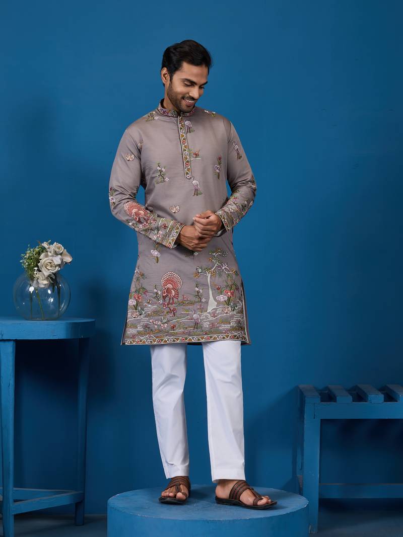 Grey viscose silk thread & sequins embroidered work wedding festival marriage function party wear straight mens kurta