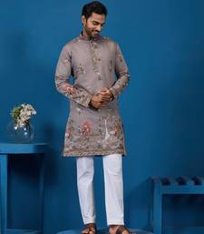 GREY VISCOSE SILK THREAD & SEQUINS EMBROIDERED WORK WEDDING FESTIVAL MARRIAGE FUNCTION PARTY WEAR STRAIGHT MENS KURTA