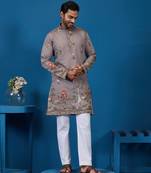 Grey viscose silk thread & sequins embroidered work wedding festival marriage function party wear straight mens kurta