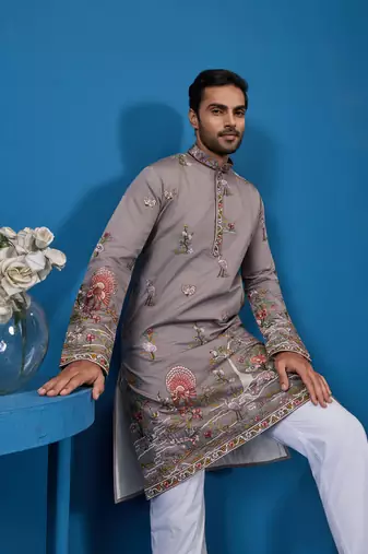 GREY VISCOSE SILK THREAD & SEQUINS EMBROIDERED WORK WEDDING FESTIVAL MARRIAGE FUNCTION PARTY WEAR STRAIGHT MENS KURTA
