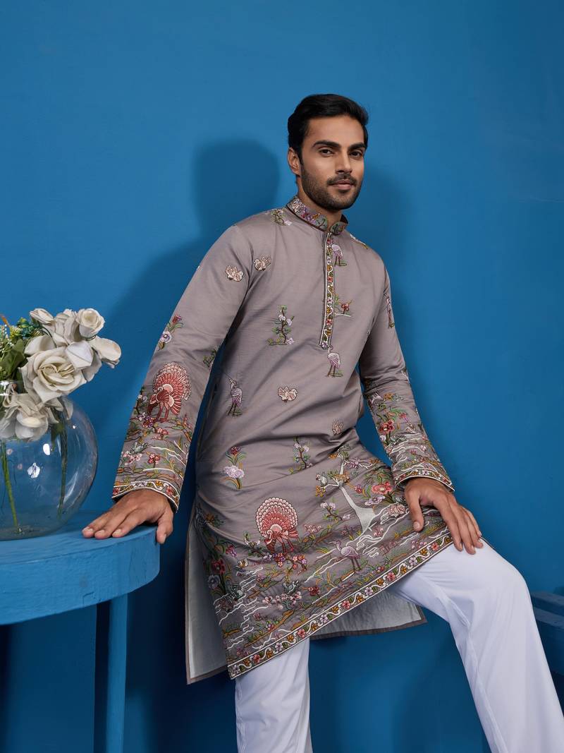 Grey viscose silk thread & sequins embroidered work wedding festival marriage function party wear straight mens kurta