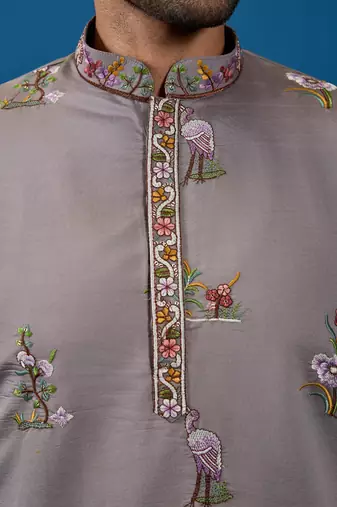 GREY VISCOSE SILK THREAD & SEQUINS EMBROIDERED WORK WEDDING FESTIVAL MARRIAGE FUNCTION PARTY WEAR STRAIGHT MENS KURTA