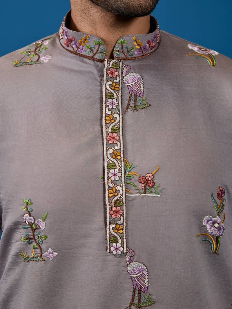 Grey viscose silk thread & sequins embroidered work wedding festival marriage function party wear straight mens kurta