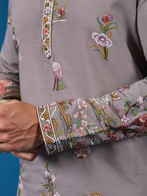 GREY VISCOSE SILK THREAD & SEQUINS EMBROIDERED WORK WEDDING FESTIVAL MARRIAGE FUNCTION PARTY WEAR STRAIGHT MENS KURTA 5