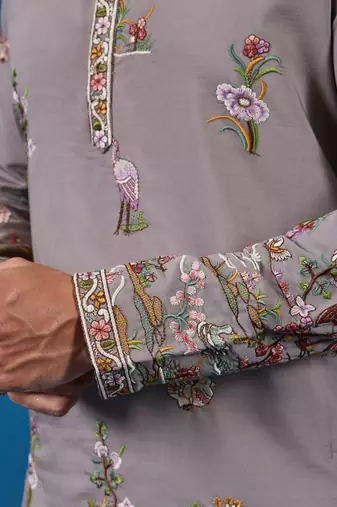 GREY VISCOSE SILK THREAD & SEQUINS EMBROIDERED WORK WEDDING FESTIVAL MARRIAGE FUNCTION PARTY WEAR STRAIGHT MENS KURTA