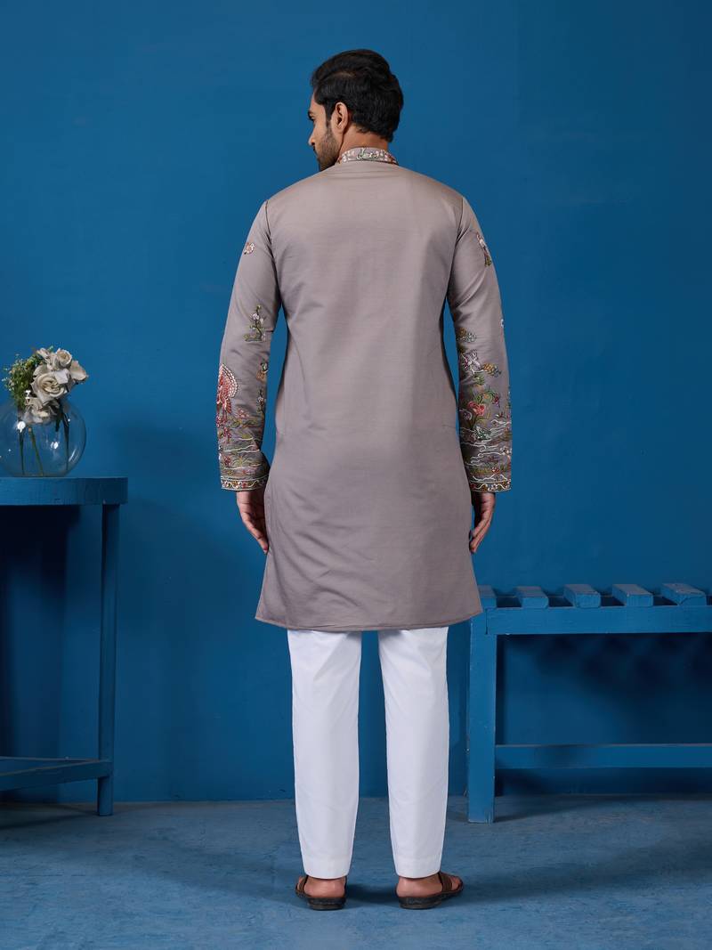 Grey viscose silk thread & sequins embroidered work wedding festival marriage function party wear straight mens kurta