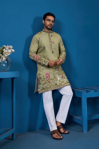 Pista green viscose silk thread & sequins embroidered work festival marriage function party wear straight mens kurta