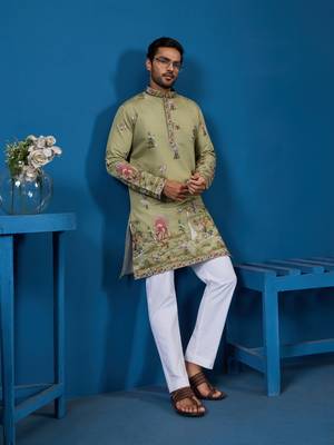 PISTA GREEN VISCOSE SILK THREAD & SEQUINS EMBROIDERED WORK FESTIVAL MARRIAGE FUNCTION PARTY WEAR STRAIGHT MENS KURTA 1